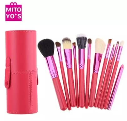 Mitoyos Perfect 12pcs Makeup Brush With Leather Cylinder Cup Holder