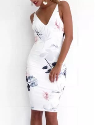 YOINS White Random Floral Print Zip Side V-neck Midi Dress