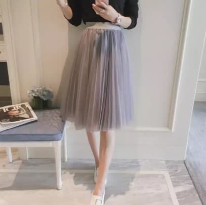 Women Casual Black Skirts Lady Fashion Mesh Pleated Skirts